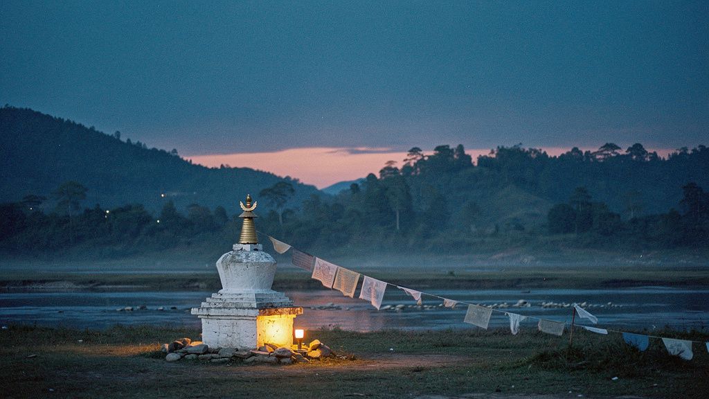 A white stupa at dusk by a misty river in southern Bhutan