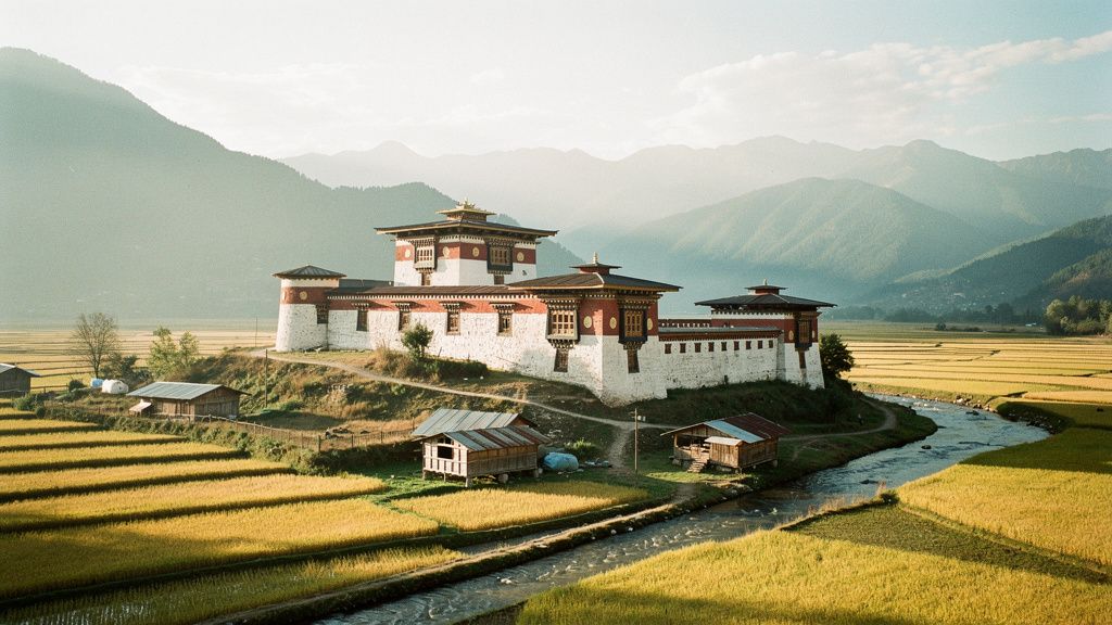 A dzong above a valley of rice terraces