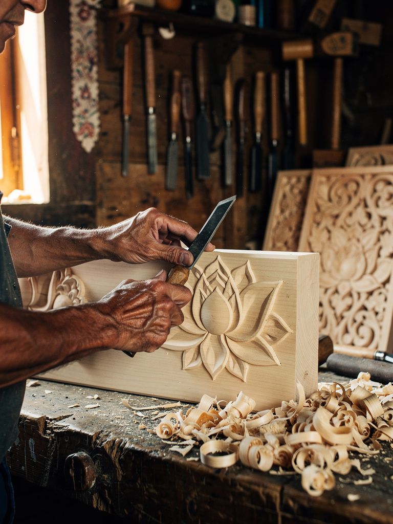Hands carving a lotus into wood